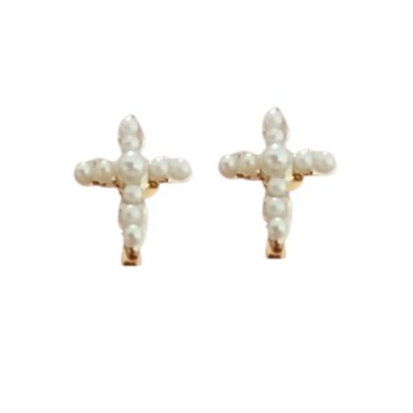 Gold Pearl Cross Communion Clip On Earrings