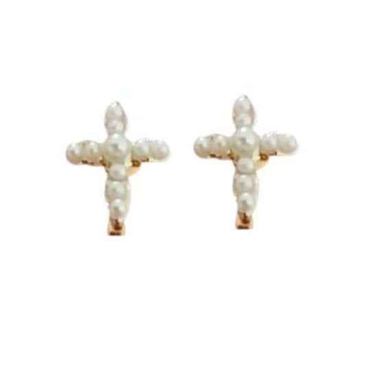 Gold Pearl Cross Communion Clip On Earrings