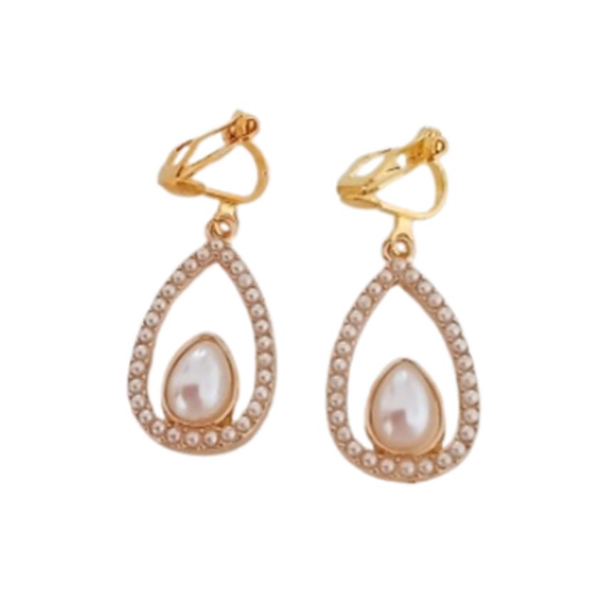 Gold Pearl Open Drop Clip Earrings