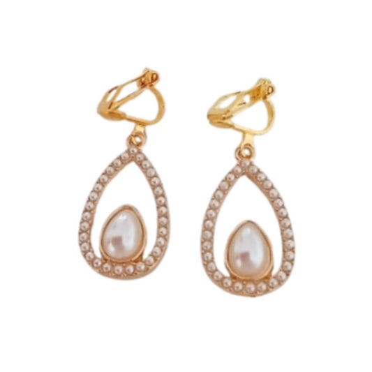 Gold Pearl Open Drop Clip Earrings