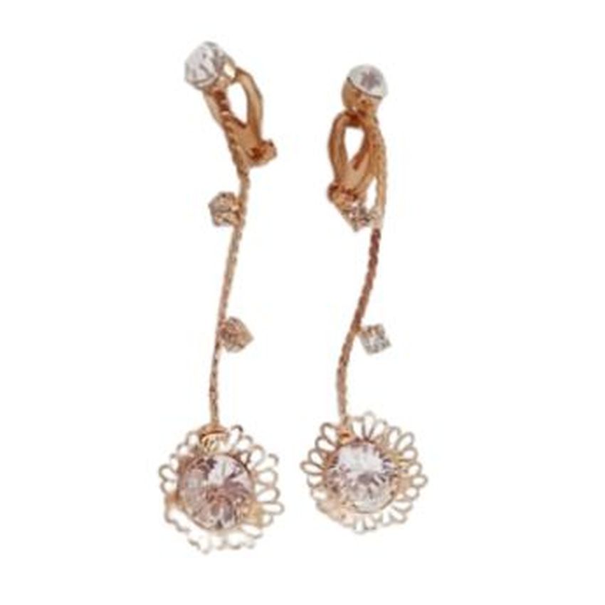 Gold Stem Pretty Crystal Flower Clip On Earrings