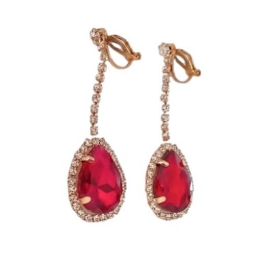 Gold Stem Red Stone With Diamante Clip On Earrings