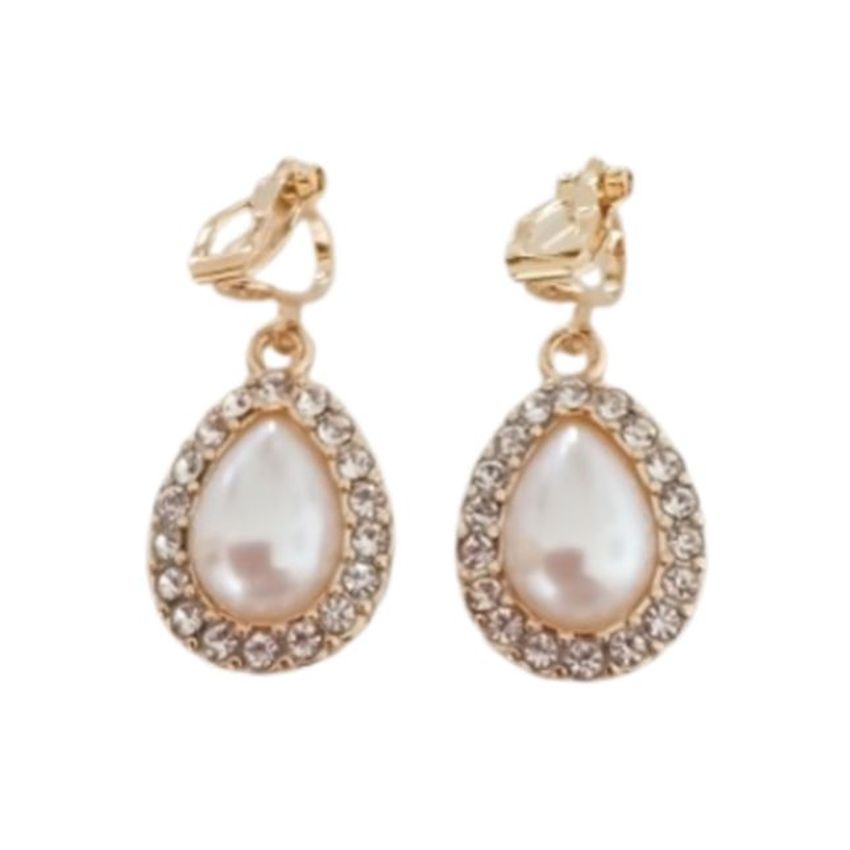 Gold Tear Drop Pearl Clip On Earrings
