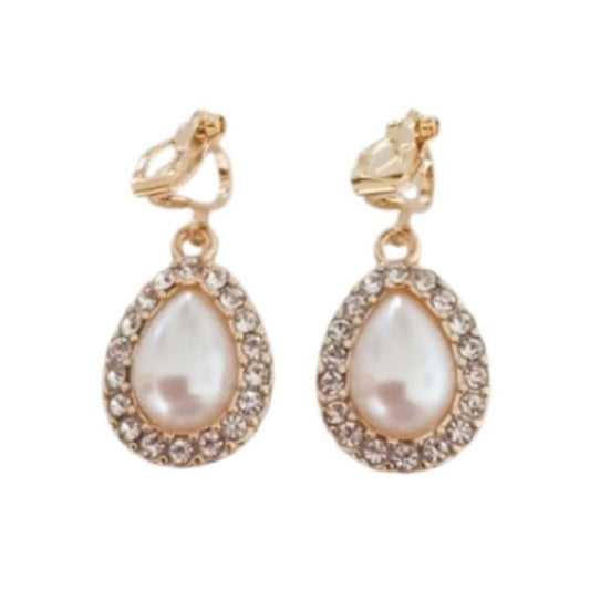 Gold Tear Drop Pearl Clip On Earrings
