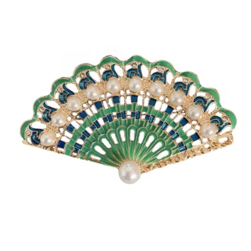 Green And Gold Open Fan Ladies Brooch
