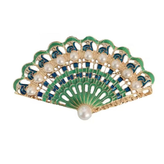 Green And Gold Open Fan Ladies Brooch