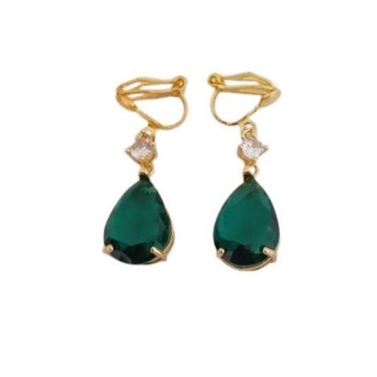 Green And Gold Water Drop Clip On Earrings