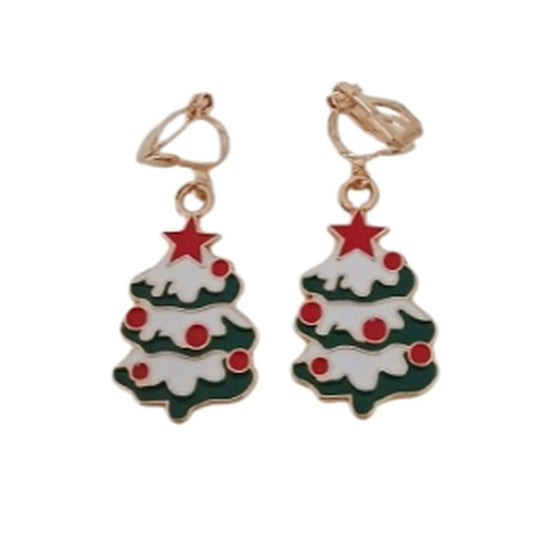 Green And Red Christmas Tree Clip On Earrings