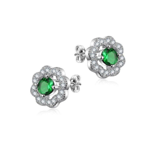 Green Cubic Zirconia Flower Design Stud Earrings