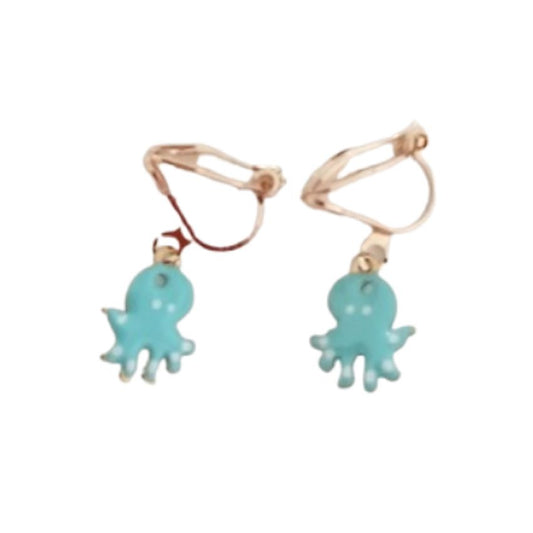 Green Enamel Octopus Clip On Earrings