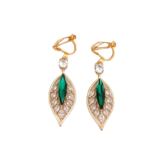 Green Leaf Diamante Clip On Earrings