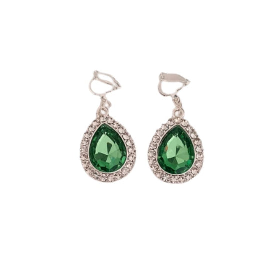 Green Pear Diamante Clip On Earrings