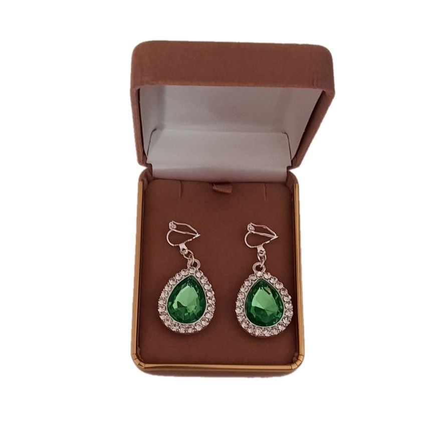 Green Pear Diamante Clip On Earrings(2)