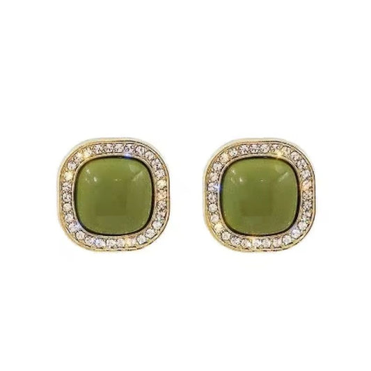 Green Centre Square Clip On Earrings