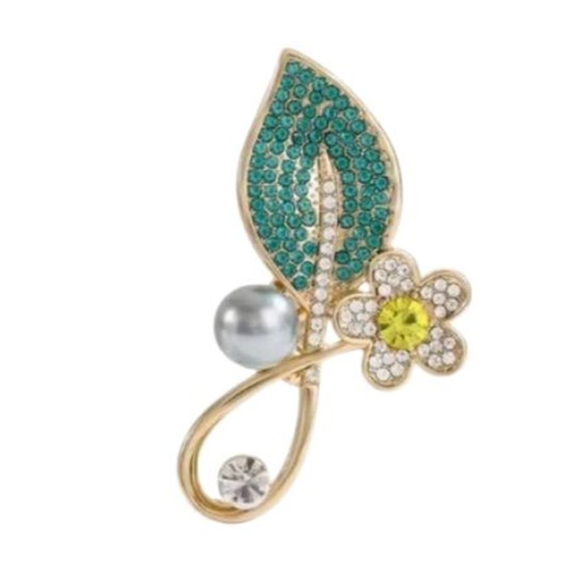 Green Diamante Leaf Brooch