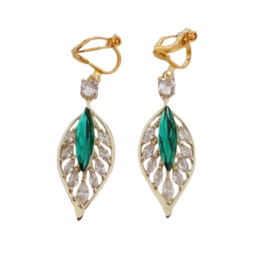 Green Leaf Diamante Clip On Earrings