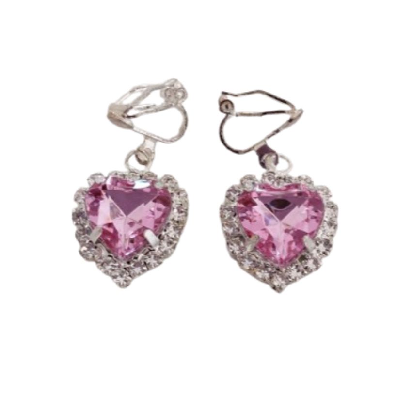 Heart Pink Diamante Drop Clip On Earrings