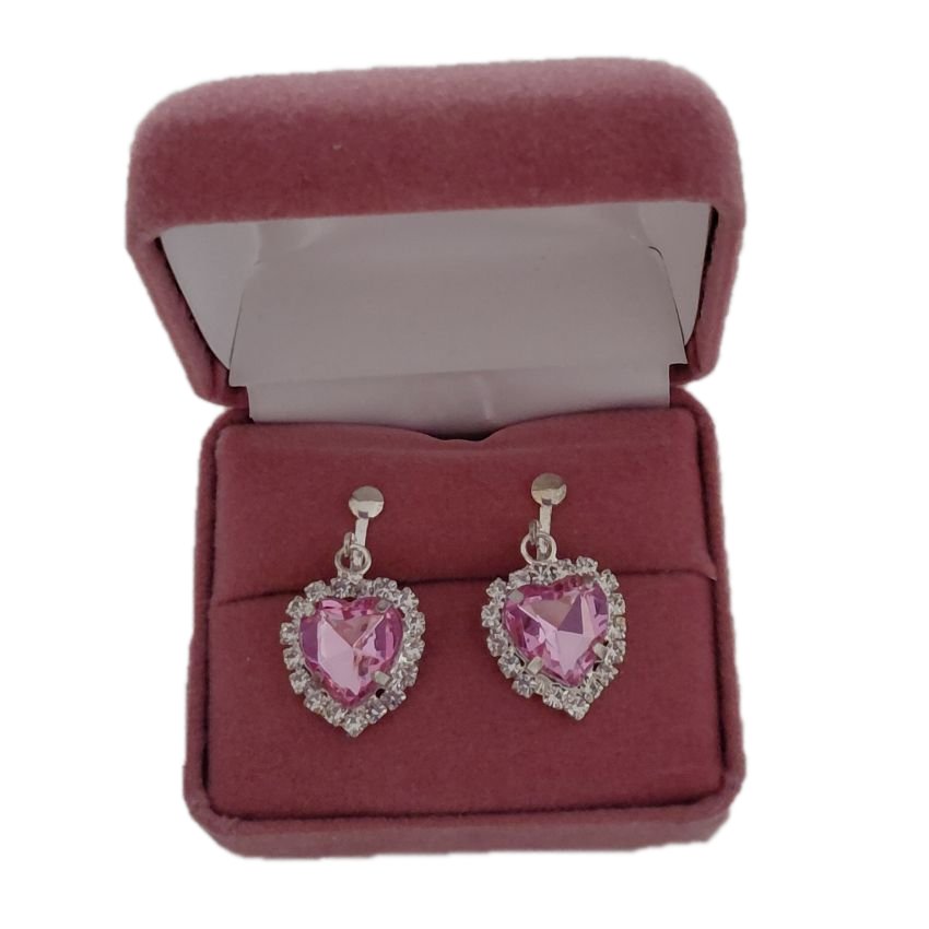 Heart Pink Diamante Drop Clip On Earrings(2)