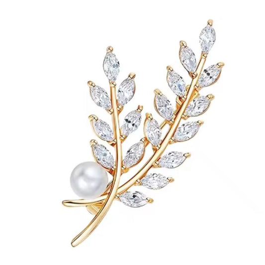 Individual Crystal Stones Set Leaf Brooch