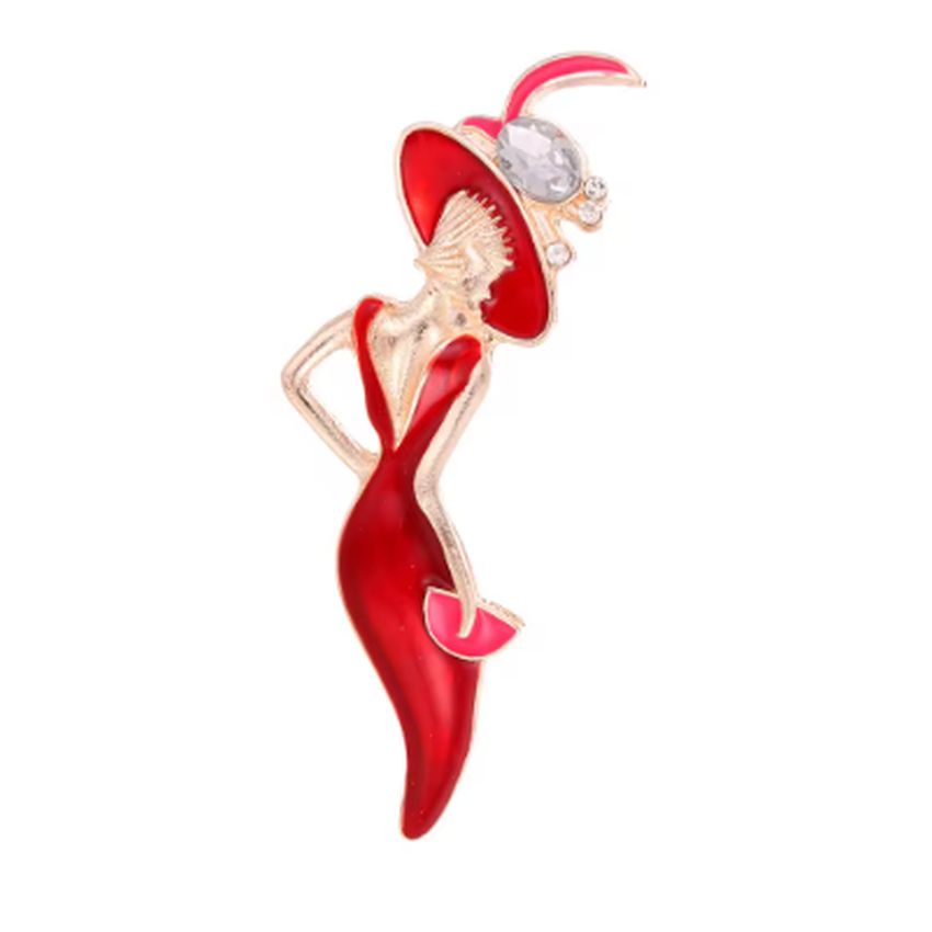 Lady In Red Elegant Gold Brooch