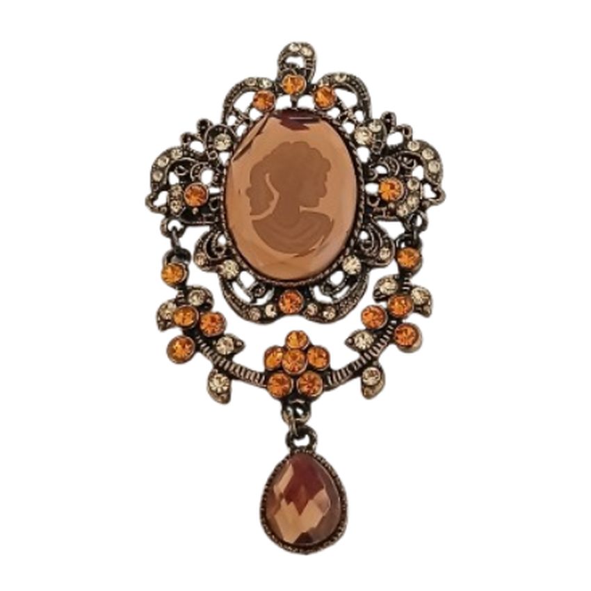 Large Brown And Orange Cameo Brooch