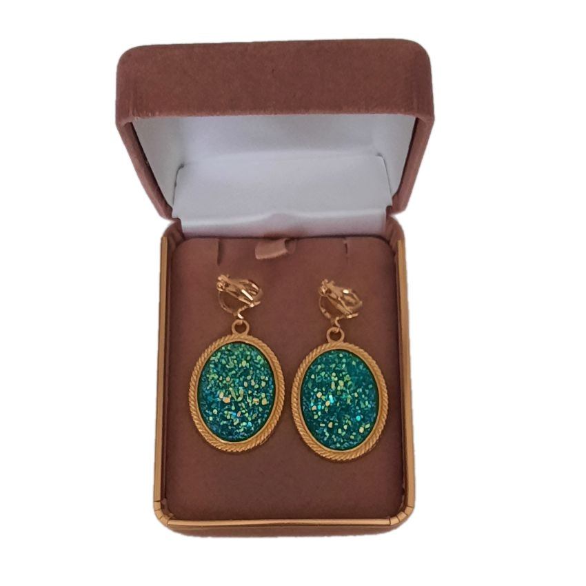 Large Green And Gold Glitter Clip Earrings(2)