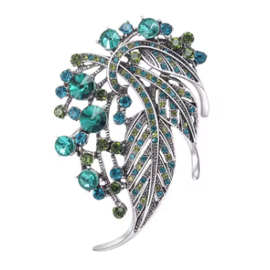 Large Green Diamante Leaf Brooch