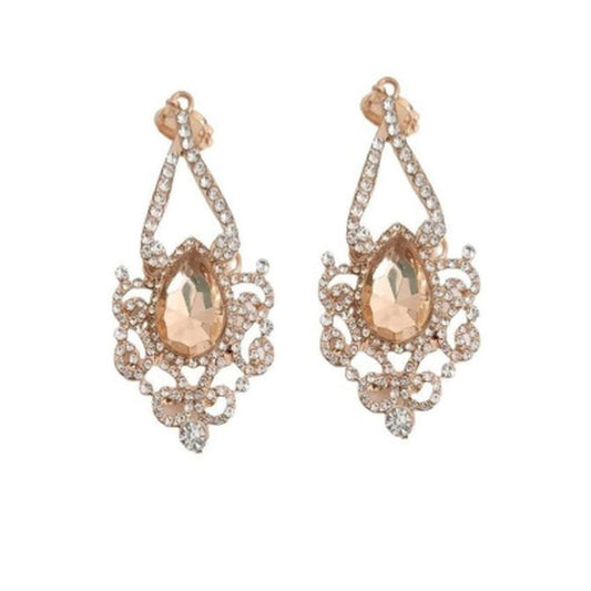 Large Diamante Gold Tone Chandelier Clip On Earrings