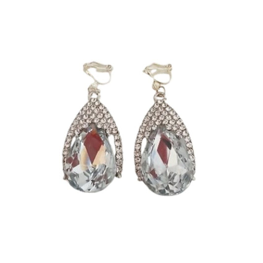 Large Inset Stone Diamante Clip Earrings