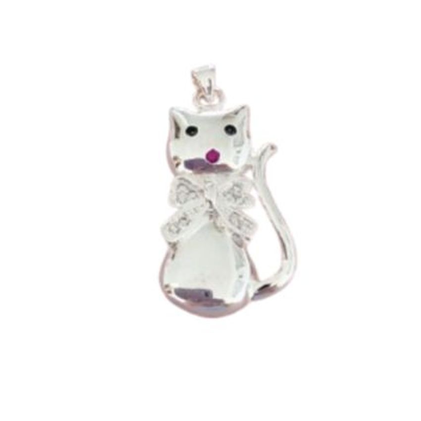 Large Silver Cat Necklace With a Cubic Zirconia Bow