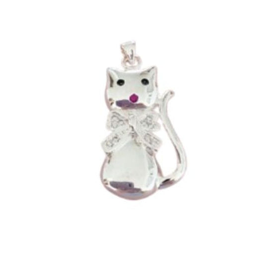 Large Silver Cat Necklace With a Cubic Zirconia Bow