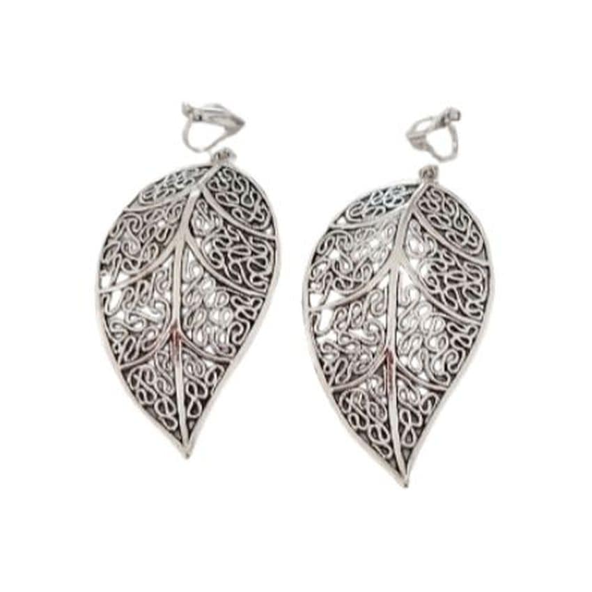 Large Silver Leaf Clip On Earrings