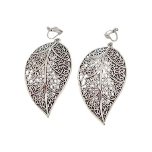 Large Silver Leaf Clip On Earrings