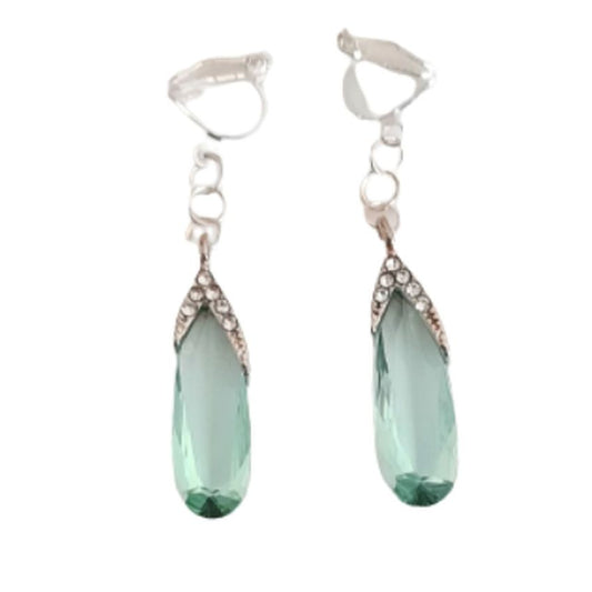 Light Green Crystal Drop Clip On Earrings