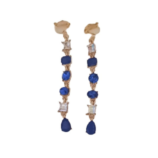 Long Blue Drop Diamante Clip On Earrings
