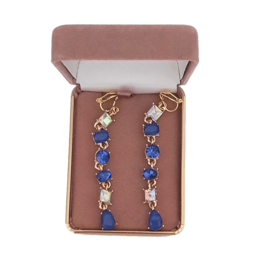 Long Blue Drop Diamante Clip On Earrings(2)