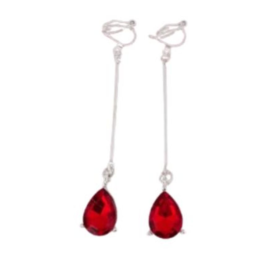 Long Drop Red Diamante Clip On Earrings