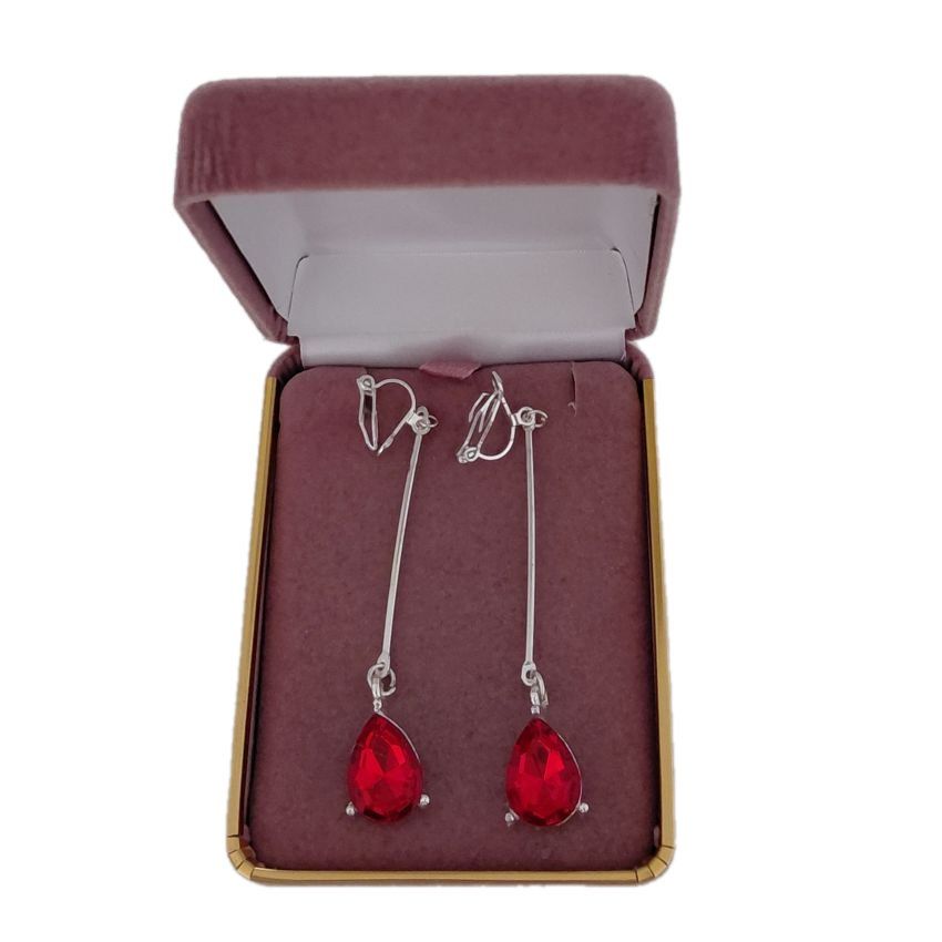 Long Drop Red Diamante Clip On Earrings