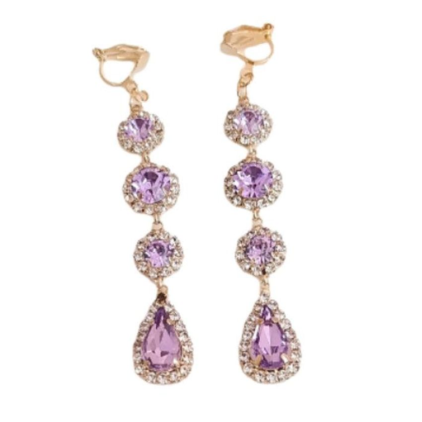 Long Purple Clip On Diamante Earrings