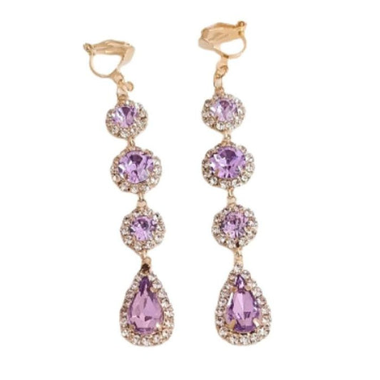 Long Purple Clip On Diamante Earrings