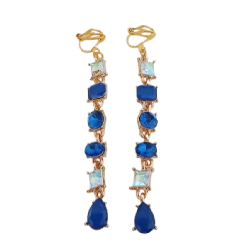 Long Blue Drop Diamante Clip On Earrings