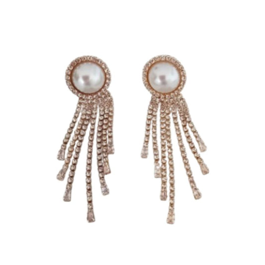 Long Diamante Pearl Drop Clip On Earrings