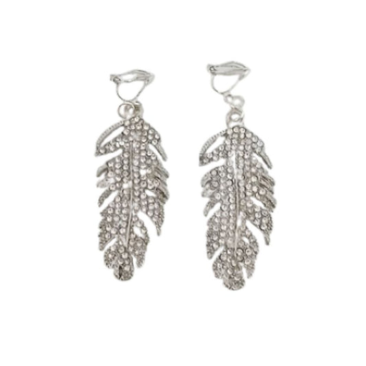 Long Feather Diamante Clip On Earrings