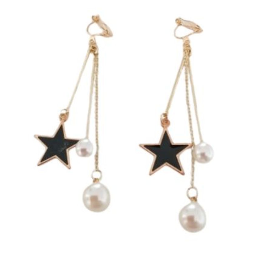 Long Pearl And Star Clip On Earrings
