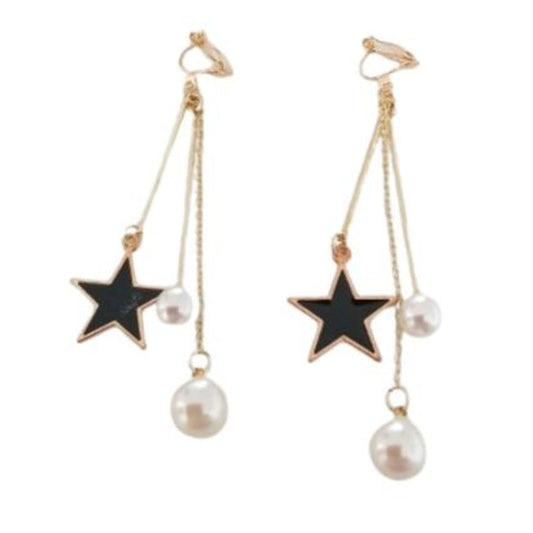 Long Pearl And Star Clip On Earrings