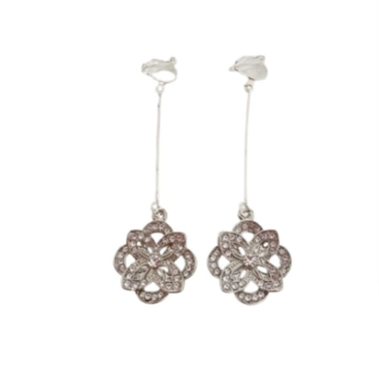 Long Stem Rhinestone Flower Clip On Earrings