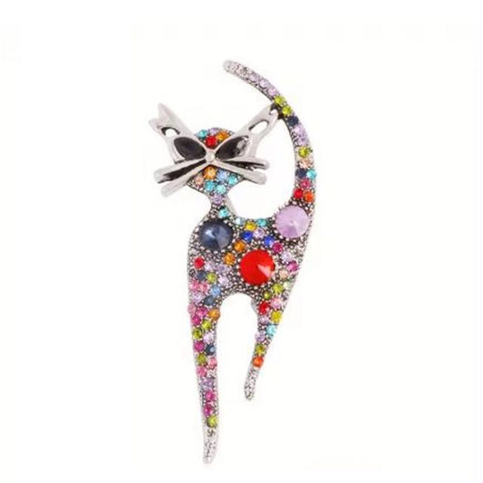Multi Coloured Diamante Cat Brooch