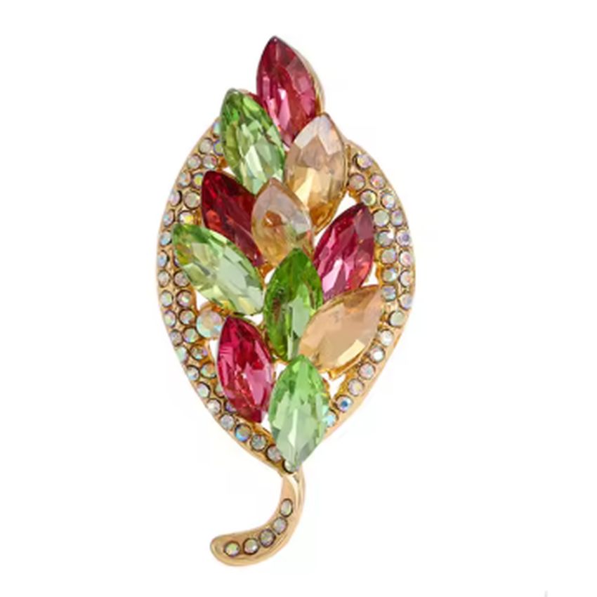 Multi Coloured Diamante Leaf Brooch