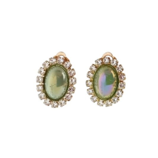 Olive Green Diamante Clip On Earrings
