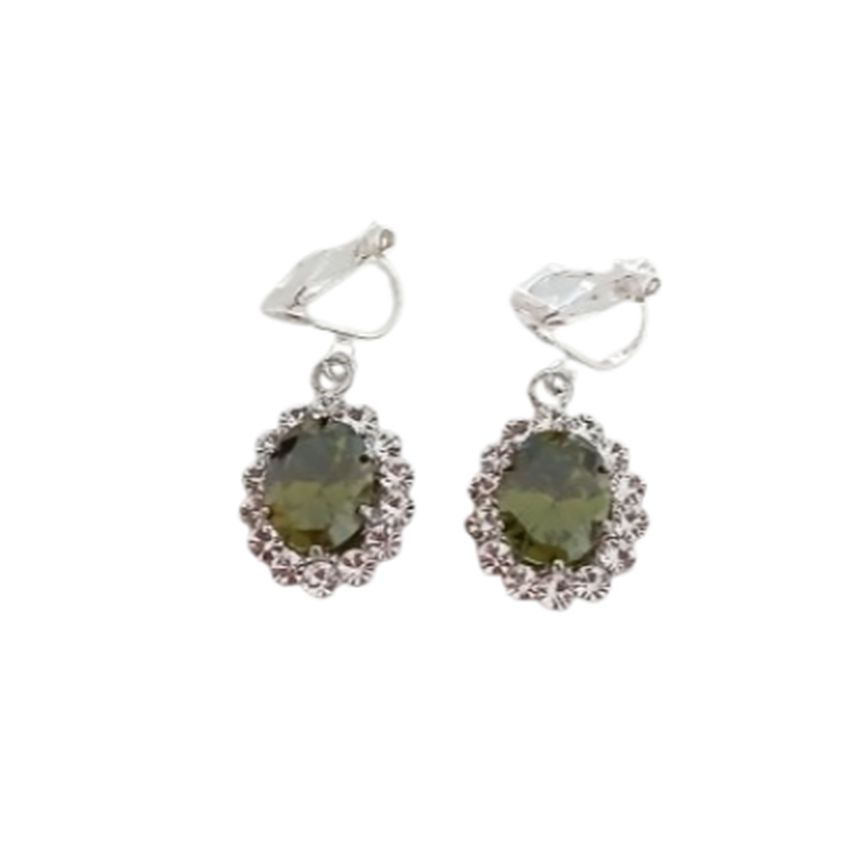 Olive Green Diamante Surround Clip On Earrings